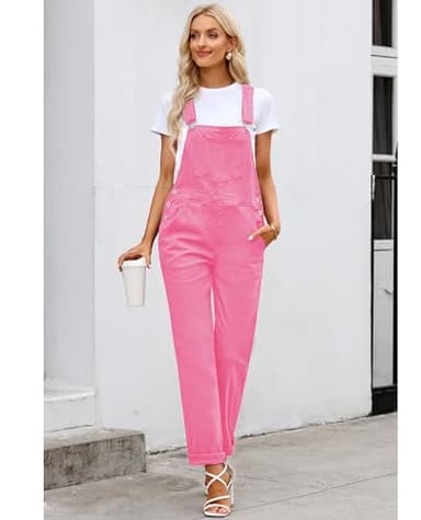 Luvamia Women's Loose Fit Classic Bib Overall Jumpsuit - Stretchy Denim, Tapered Leg, Candy Pink (Size 4/6) - Image 7
