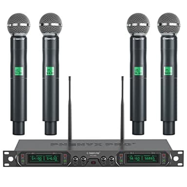 Phenyx Pro Wireless Microphone System, 4-Channel UHF Wireless Mic, Fixed Frequency Metal Cordless Mic with 4 Handheld Dynamic Microphones, 260ft Range, Mics for Singing, Church(PTU-5000-4H) - Image 1