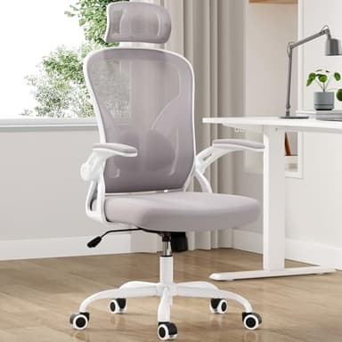 Farini Ergonomic Office Chair, Home Office Desk Chair with Headrest, High Back Computer Chair with Armrests and Adjustable Lumbar Support for Home Office Study Room, White & Gray - Image 1
