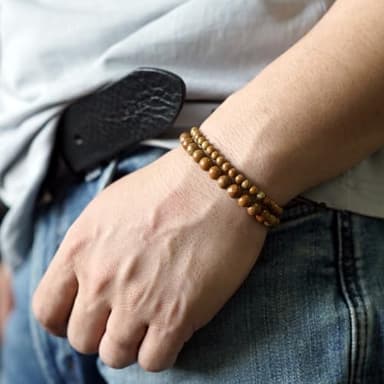 2 Pcs Natural Gemstone Beaded（4mm/6mm）Healing Jewelry，Handmade Adjustable Bracelet for Man Women,Matching Bead Couple Bracelets for Boyfriend Girlfriend (Wood-Grain Yellow) - Image 5