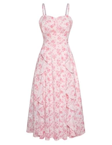 Belle Poque Women Cottage Core Dress Spaghetti Strap Aline Floral Long Flowy Dresses for Women Pink Toile, M - Image 1