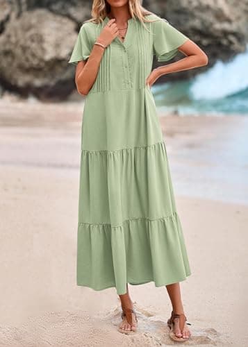 KIRUNDO Summer Maxi Dresses for Women 2025 Spring Fashion Short Sleeve Button V Neck Pleated Loose Tiered Swing Flowy Dress(Bean Green, X-Large) - Image 4