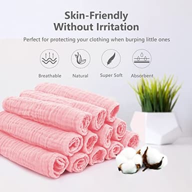 SWEET DOLPHIN 12 Pack Muslin Burp Cloths Large 100% Cotton Hand Washcloths for Baby - Baby Essentials Extra Absorbent and Soft Boys & Girls Milk Spit Up Rags for Newborn Registry - Pink, 20" X10" - Image 2