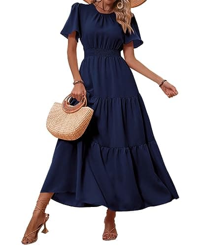PRETTYGARDEN Women's Summer Casual Short Flutter Sleeve Round Neck Smocked Waist Tiered Boho Floral Flowy Maxi Dress(Solid Navy,Medium) - Image 1