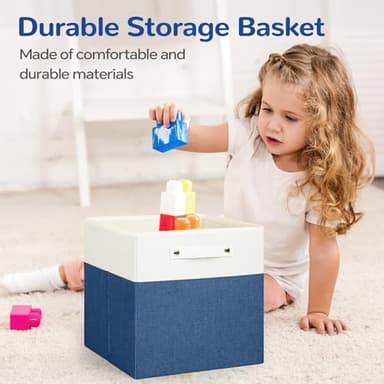 VQRTEXA 13 x 13 Inch Fabric Storage Cube Bins, 6 Pack Fine Linen Storage Boxes with Handles, Collapsible Basket Organizers for Shelves (White/Blue) - Image 8
