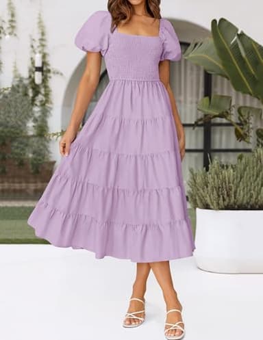 ZESICA Women's 2025 Summer Square Neck Short Puff Sleeve Solid Color High Waist Casual Smocked Flowy A Line Tiered Midi Dress,Lightpurple,Medium - Image 2