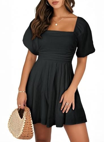 AlvaQ Womens Rompers for Summer 2025 Puff Sleeve Square Neck Casual Spring Flowy Romper Shorts Jumpsuit with Pocket Teen Beach Vacation Outfits,Black,Medium - Image 1