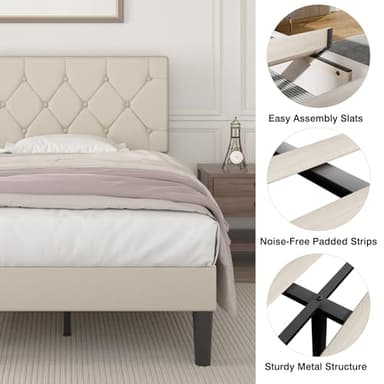 VECELO Twin Size Bed Frame with Button Tufted Headboard, Upholstered Platform Bedframe with Wood Slat Support, No Box Spring Needed, Beige - Image 4