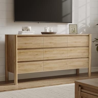 CHUWELL Dresser for Bedroom, 63" Wide Mid Century Modern Chest of Drawers with 9 Large Storage Space and 4 Solid Wood Cylindrical Legs, 9 Drawer Large Dresser for Bedroom(Oak) - Image 7