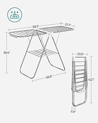 SONGMICS Clothes Drying Rack, with Sock Clips, Metal Laundry Rack, Foldable, Space-Saving, Free-Standing Airer, with 2 Height-Adjustable Gullwings, Indoor Outdoor Use, Silver and White ULLR052W01 - Image 6