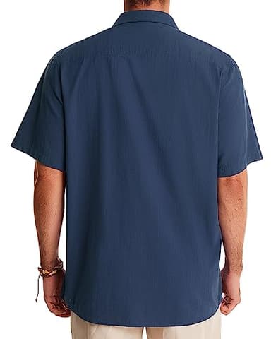 Alimens & Gentle Mens Linen Shirt Cuban Short Sleeve Button Down Shirts Cotton Summer Beach Shirts Vacation Hawaiian Shirts Navy Blue - Image 2