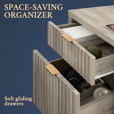 Oxford 2 Drawer Nightstand, End Table with Charging Station, Night Stand with Fluted Panel, Bed Side Table Set of 2 (Grey Oak - Image 6