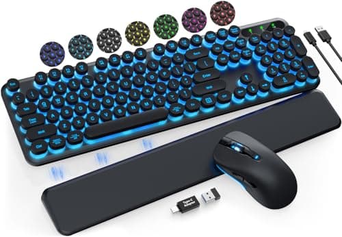 Wireless Keyboard and Mouse Backlit - Typewriter Keyboard with Magnetic Wrist Rest, Retro Round Keycaps, Light Up Letters, 2.4GHz Cordless Combo for Mac, Windows, PC, Laptop, Trueque [Upgraded] - Image 1