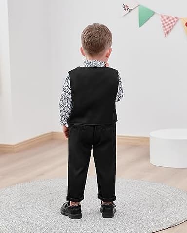 WESIDOM Toddler Dresses Suit Baby Boy Clothes Set Bowtie Shirts+Pants+Vest+Boutonniere Kids Gentleman Wedding Outfit(Black+4-5T) - Image 3