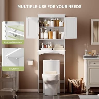 Gizoon Over The Toilet Storage Cabinet with Adjustable Shelf and Double Doors, Bathroom Space Saver Organizer Above Toilet with Open Shelf, Taller Wooden Free Standing Toilet Rack -White - Image 4