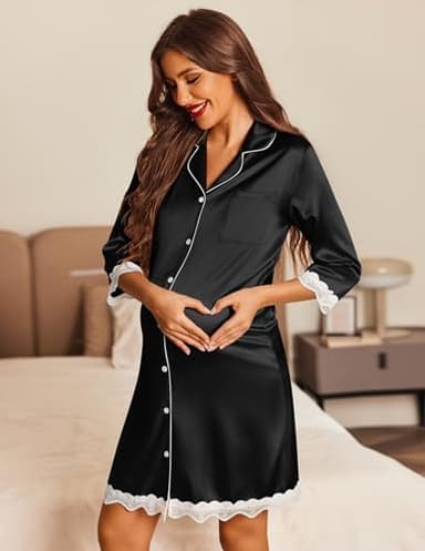Ekouaer Satin Nightgowns for Women Button Down Sleepshirt 3/4 Sleeve Nightshirts Boyfriend Sleepwear - Image 5