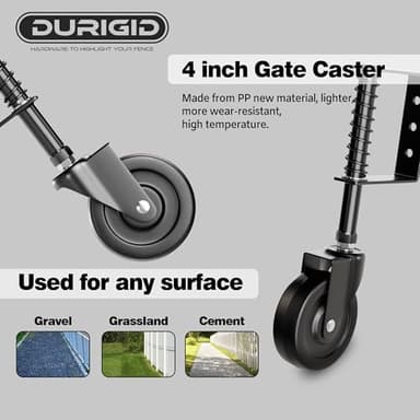 DURIGID 4” Spring Loaded Gate Caster Heavy Duty Gate Wheels for Wooden, Vinyl and Metal Gates, Gate Wheel with 360° Swivel, Ideal for Outdoor Fence Gates, 200 Lbs Capacity, 2 Pcs, Black - Image 5