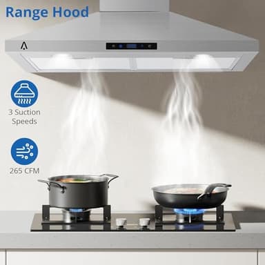 Range Hood 30 Inch, Kitchen Hood 265 CFM, Stainless Steel Vent Hood With Touch Control, Stove Hood With 3-Speed Exhaust Fan, Adjustable Chimney & LED Light, Silver - Image 2
