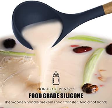 Silicone Cooking Utensils Set - 446°F Heat Resistant Silicone Kitchen Utensils for Cooking,Kitchen Utensil Spatula Set w Wooden Handles and Holder, BPA FREE Gadgets for Non-Stick Cookware (Navy Blue - Image 7