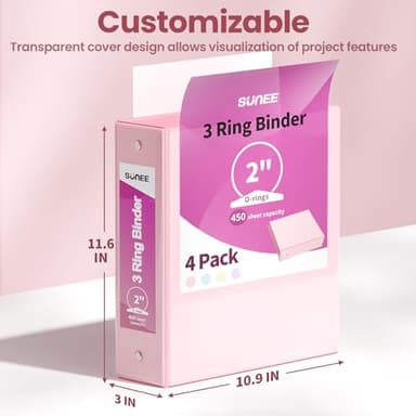 SUNEE 3 Ring Binders 2 Inch 4 Pack, Clear View Binder Three Ring PVC-Free (Fit 8.5x11 Inches) for School or Office Supplies, Assorted Pastel - Image 2