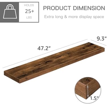 QEEIG Floating Shelves for Wall 47.2" Extra Long - Wall Shelf Bathroom Kitchen Living Room Bedroom Farmhouse Home Decor Display Bookshelf Large 47.2 x 9.3 inch Set of 2, Rustic Brown (008-120BN) - Image 3