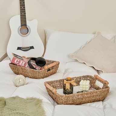 Storage Basket Hand-Woven Large Storage Baskets with Wooden Handles, Seagrass Wicker Baskets for Organizing, 2-Pack - Image 6