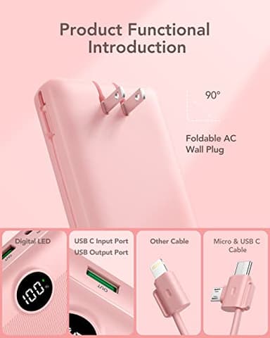 VRURC Portable Charger 20000mAh, Fast Charging Power Bank USB C,4 Output 2 Input Travel Essentials Charging Bank Equipped with LED Display,Built-in Wall Plug and Cables,Phone Charger Battery,Pink - Image 2
