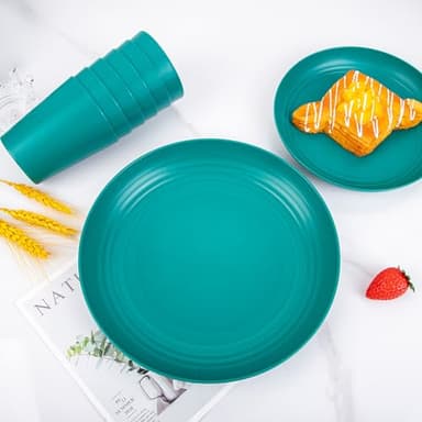 LIYH 48 Pcs Green Wheat Straw Plates and Bowls set - Plastic Dinnerware Set - Dishwasher Safe Camping Plates Dishes Set for 12, Unbreakable Wheat Straw Plate Bowls Reusable 12 Guests - Image 7