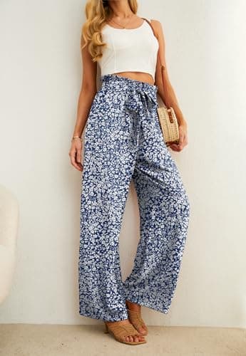 IWOLLENCE Women's Wide Leg Pants with Pockets High Waist Adjustable Knot Loose Casual Trousers Business Work Casual Pants Blue White Flower S - Image 3