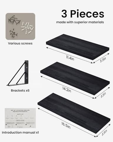 BAYKA Wall Shelves for Bedroom Decor, Floating Wall Shelves for Living Room Kitchen Storage, Mounted Rustic Wood Floating Shelves for Kids Books, Corner Shelves for Bathroom, Office(Set of 3) - Image 7