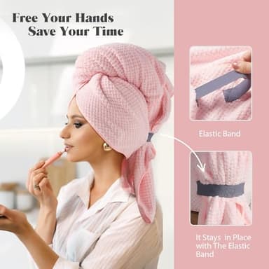 MABAO 2 Pack Microfiber Hair Towel Wrap for Women, Quick Dry Hair Turban Towel with Elastic Band, Microfiber Plopping Towel for Curly Hair, Stocking Stuffers for Women(Pink, White) - Image 5