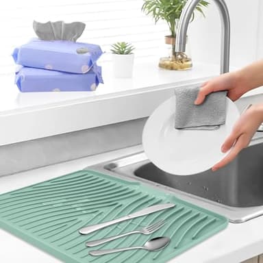 TIKNIK Silicone Dish Drying Mat, Stone Drying Mat for Kitchen Counter with Built-in Drain, Non-Slip 15.8" X 13" Drying Matt Kitchen Counter and Grey Microfiber Cleaning Cloth, Cleaning Rags Set(Mint) - Image 5