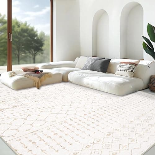 Area Rug for Living Room 9x12: Large Washable Boho Moroccan Rugs Geometric Neutral Rug, Non-Slip Foldable Morden Farmhouse Indoor Floor Carpet for Bedroom Dining Table Home(Geometric Beige, 9'X12') - Image 1
