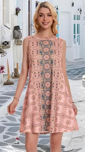 Sundress for Women Floral Bohemian Dress Sleeveless Loose Aline Beach Cover Up(Pink Boho Flower,M) - Image 2