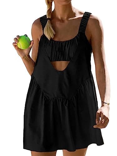 AnotherChill Womens Tennis Dress Built-in Bra & Matching Shorts Pockets Workout Dresses Athletic Outfits Cut Out Two Piece (Black, Small) - Image 1