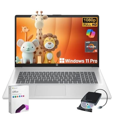 HP 17.3" Laptop Computer for Business and Students - AMD Ryzen 5 7430U, Full HD 300 Nits IPS Display, Webcam, Wi-Fi 6, Windows 11 Pro & Office Pro Lifetime, W/External CD/DVD Drive, 32GB RAM + 1TB SSD - Image 1