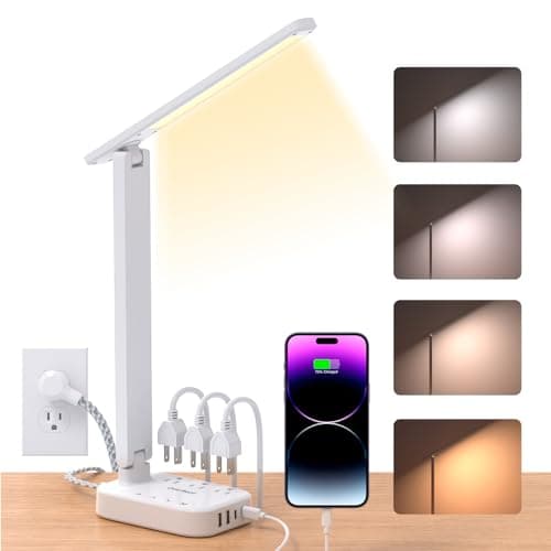 One Beat LED Small Desk Lamp Power Strip 5ft Extension Cord, 3 Outlets, 4 USB Ports(2 USB C), 4 Modes, 5 Level Touch- Home, Office, Bedroom, Bedside, Study Reading Light, Dorm Room Essentials, White - Image 1