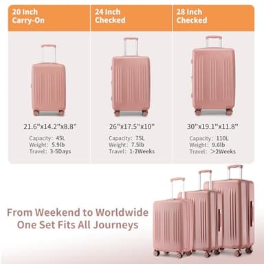 Kono Expandable Luggage 3 Piece Set Hardshell Lightweight 20in 24in 28in Carry On Suitcase with Spinner Wheels TSA Lock(Nude/Rose Gold) - Image 6