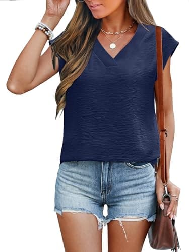 ANRABESS Women Tops Cap Sleeve Textured Dressy Casual V Neck Shirts 2025 Summer Business Work Blouses Outfits Navy Blue X-Large - Image 2