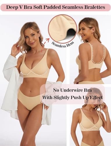 Deep V Bra Low Cut Sexy Push Up Bralettes for Women Padded Comfy Smoothing Wireless Lifting Bras Seamless Bralette, Nude, XL - Image 4