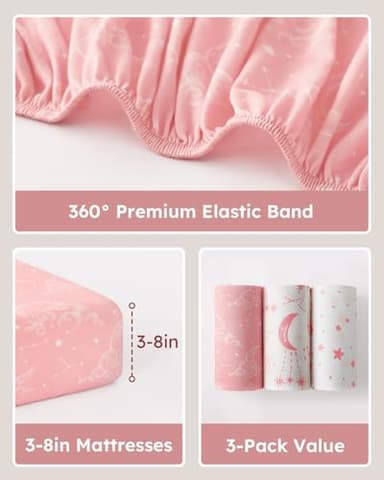 Unnivoll Baby Crib Sheets for Boys Girls, Fitted Crib Sheet Neutral 3 Pack for Standard Crib and Toddler Mattress, Breathable Soft Microfiber Baby Sheet 28x52x8in Pink White Moon - Image 5