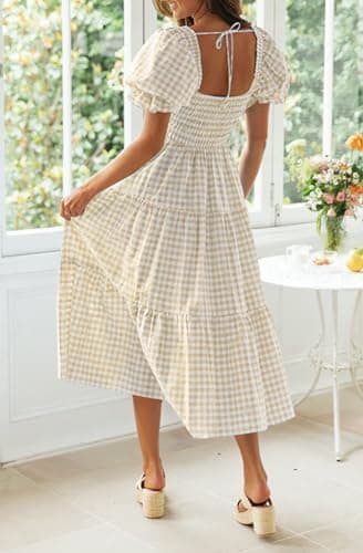 ZESICA Women's 2025 Bohemian Summer Plaid Square Neck Puff Sleeve Ruffle Flowy Beach Midi Dress,Beige,Large - Image 4