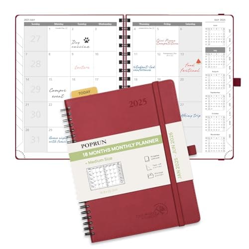 POPRUN Monthly Planner 2025-2026 Medium Size (6.5'' x 8.5'') 18 Months Calendar (Jan 2025 - Jun 2026) - 4 Pages per Month with Monthly Expense & Notes, Vegan Leather Cover - Burgundy Red - Image 1