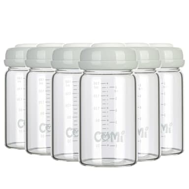 COMI Wide Neck Glass Breastmilk Collection n Storage Bottle, 6oz with Screw Ring Sealing Disk; Re-markable Sealing Disc. BPA Free, Fits Breast Pumps & Nipples (Gray Lids) - Image 1