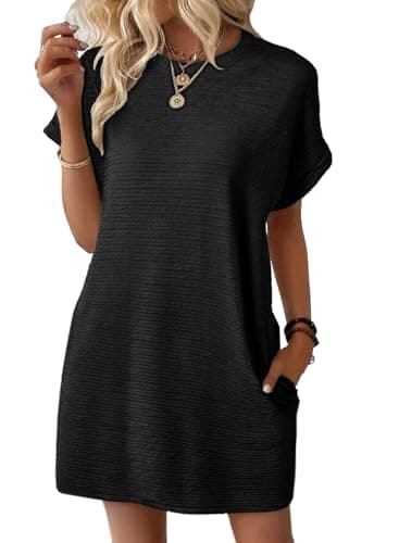 EVALESS Cute Dresses for Women Spring Summer Dress 2025 Fashion Short Sleeve Mini Dress Crewneck Vacation Tshirt Dresses with Pockets Black X-Large - Image 1