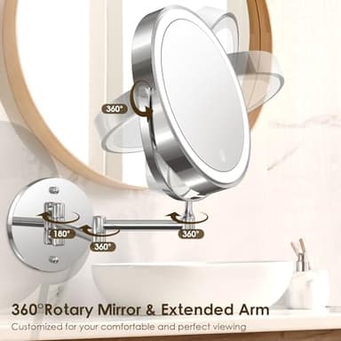 MNIENT Wall Mounted Lighted Makeup Mirror, 8" Rechargeable Double-Sided Light up Magnifying Mirror 1x/10x, 3 Colors Led Vanity Mirror with Lights, Touch Dimmable 360° Rotation Foldable - Image 6