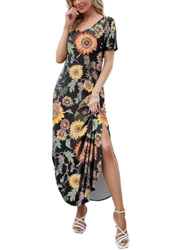HUSKARY Women's Summer Sunflower Maxi Dress Beach Cover Ups Vacation Dresses Split Pockets Dresses - Image 5