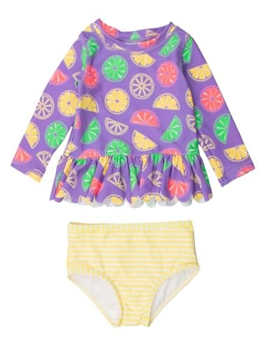 RuffleButts Baby/Toddler Girls Scalloped Long Sleeve Rash Guard 2-Piece UPF50+ Sun Protected Swimsuit - Neon Purple Citrus, 5 - Image 1