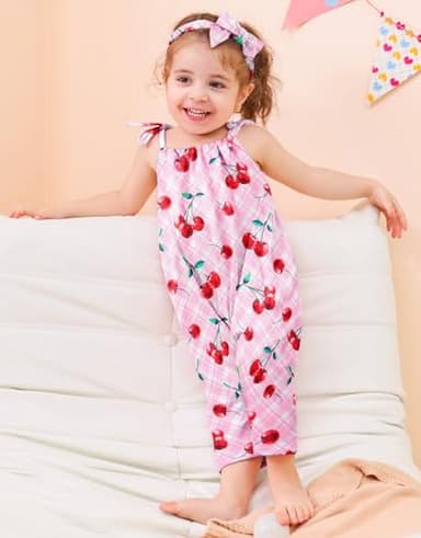 Lindanina 4T Girls Summer Clothes Toddler Red Cherry Romper Jumpsuits Kids Outfits 5T Cute Adjustable Tie-Up Strap One Piece Sleeveless Soft Casual Jumper with Pocket Headband Beach - Image 3