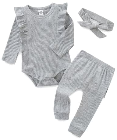 Newborn Infant Baby Girl Fall Winter Clothes Long Sleeve Onesie Clothing Pant Set Outfits Gifts 0-3 months Grey - Image 1
